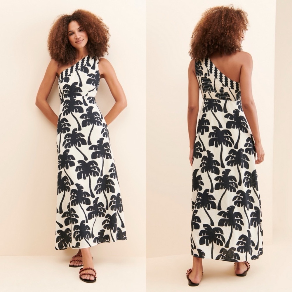 Farm Rio / One-Shoulder Linen Palm Tree Dress - Picture 2 of 8